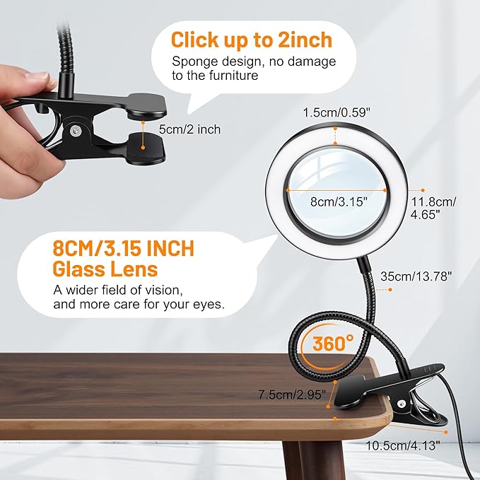 Akynite 10X Magnifying Glass with Light for Crafts, 3 Color+9 Brightness | Hands Free, Flexible Gooseneck, USB, No Adapter, Dimmable, 58 LED, 2 in 1 Magnifier Desk Lamp for Reading DIY Repair