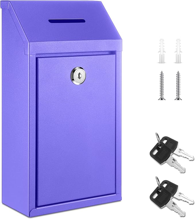 Yaocom Metal Money Box,Purple,10.24 x 5.71 x 2.95 Inch,No Lid | Wall Mounted Drop Donation Cash Box for Farm Stand Collection Safe Suggestion Box with Lock Container for Home Office Outdoor