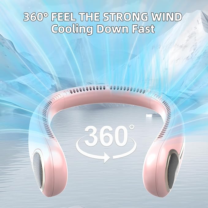 Portable Neck Fan, Personal Wearable Bladeless Fan, 6000mAh USB Rechargeable, 360° Airflow, LED Display, 4-Speeds, Hands Free Fan for Outdoor Indoor, Birthday Gifts for Men Women Dad Mom (Pink)