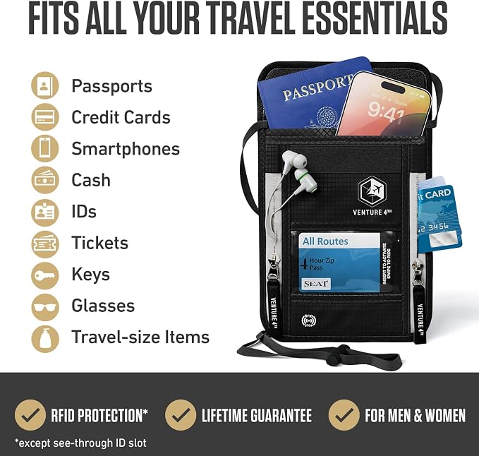 VENTURE 4TH Travel Neck Wallet, RFID Blocking Passport Holder - Black
