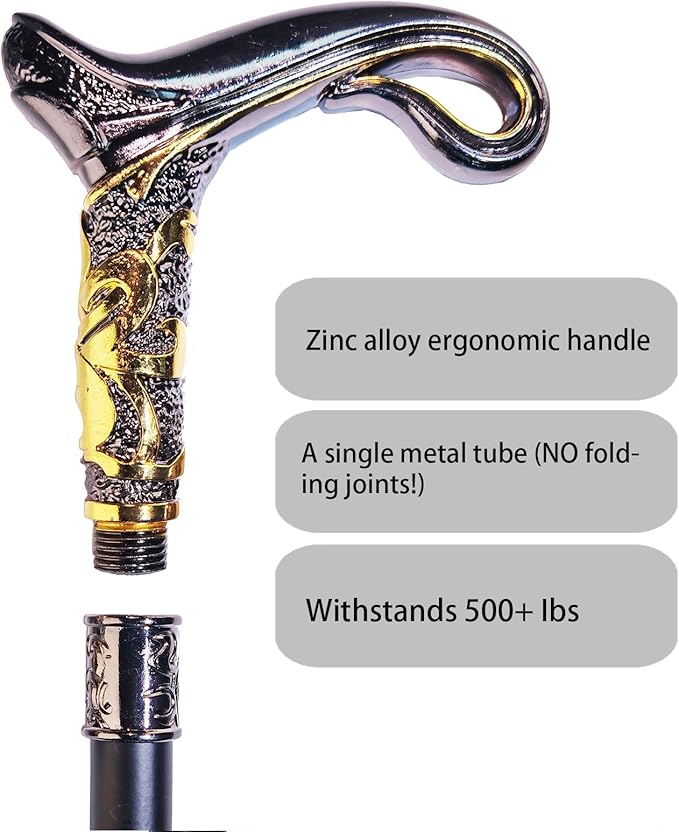 Walking Cane for Men & Women & Seniors - 36.5 Inch Heavy Duty 500+ lbs Capacity, Ergonomic Handle, Decorative & Ornate Design, Gothic & Goth Elegant Matte Black & Gold Artistry, Metal Cane