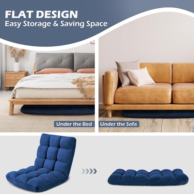 Folding Floor Gaming Chair 14-Poistion Cushioned Adjustable Floor Lazy Sofa Chair w/Breathable Cotton & Skin-Friendly Velvet for Adults & Kids Perfect for Reading Gaming Meditating, Darkblue