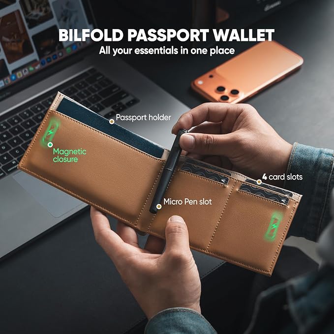 VULKIT Bilfold Passport Holder Leather RFID Blocking Passport Wallet with Hidden Pocket Slim Travel Documents Organizer for Men or Women (Passport, Card, Cash, Coin, SIM Card, Ticket)