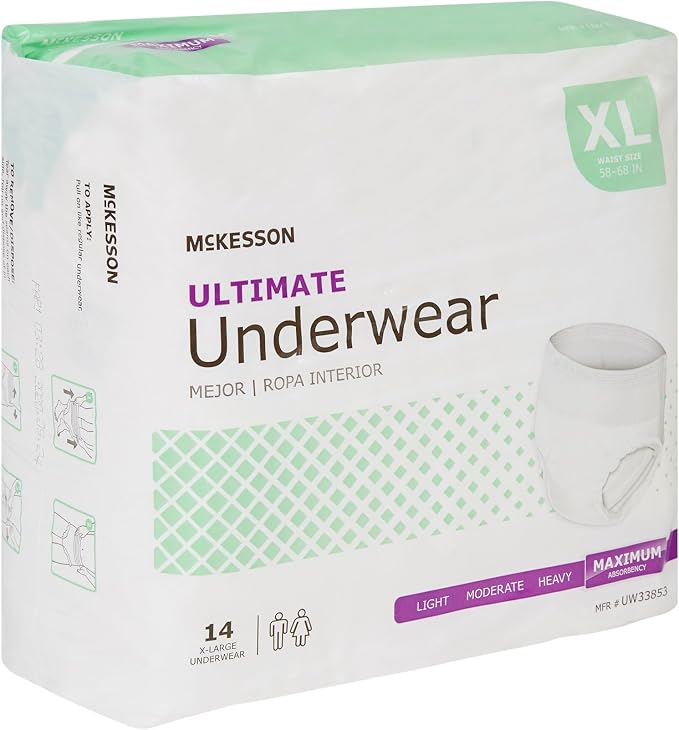 McKesson Ultimate Adult Incontinence Underwear, [14 Count], XL, 58-68 in. Maximum Absorbency, Unisex Bladder Leak Protection, Pull-On Style with Tear-Away Sides, for Postpartum and Incontinence