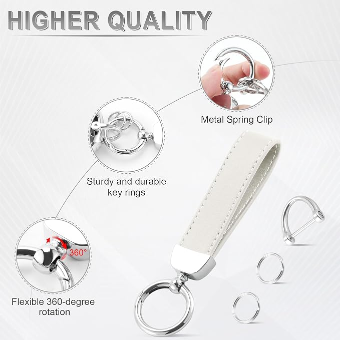 JUSTTOP Leather Keychain, Car Key Chain with Anti-Lost D-Ring and 2 Key Ring, Keychain Wristlet, Car Accessories, Universal Keychain for Men and Women (White)