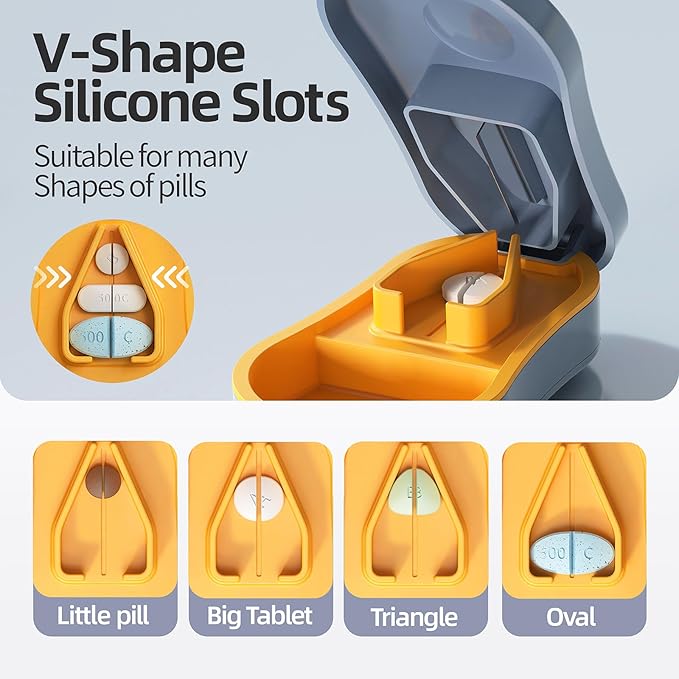 Pill Cutter Splitter for Small and Tiny Pills - 1/2 Accurately Cuts -Easy Open Snap Button.Wrap-Around Blade Guard Prevents Cuts. Detachable V-Shaped Pad. Back Storage(Blue)