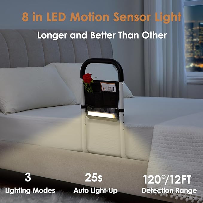 Bed Rails for Elderly Adults Safety, Bed Assist Rails for Seniors, Double Stabilizer Bars Design with Storage Pocket & Fall Prevention Guard, Fits King, Queen, Full, Twin Bed(with Light)