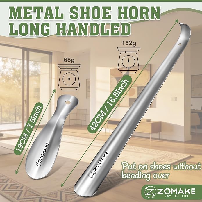 ZOMAKE Metal Shoe Horn Long Handle for Seniors 16.5 Inch,Long Shoehorn Stainless Steel Shoe Spoon Shoe Helper for Men Women