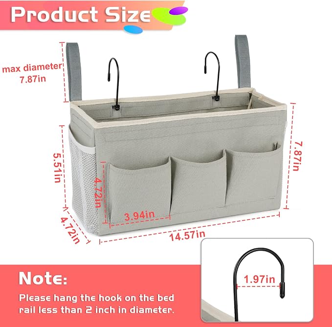 Bedside Caddy, Bedside Storage Bag Hanging Organizer for Bunk Dorm Bed Rail | Bed Caddy with Hooks, Top Bunks and Dorm Essentials for Water, Tissues, Tablets, Books, Phones, Remotes and Other Necessories