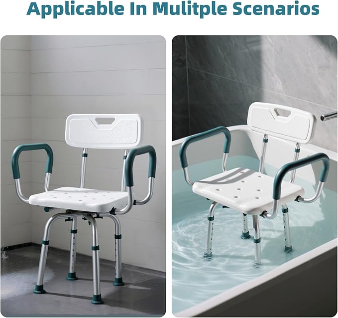 Swivel Shower Chair with Arms and Back, 400 lbs Heavy Duty Shower Seat for Inside Shower Stall and Bathtub, Height Adjustable Safety Bath Seat for Elderly, Adults, Handicap and Disabled
