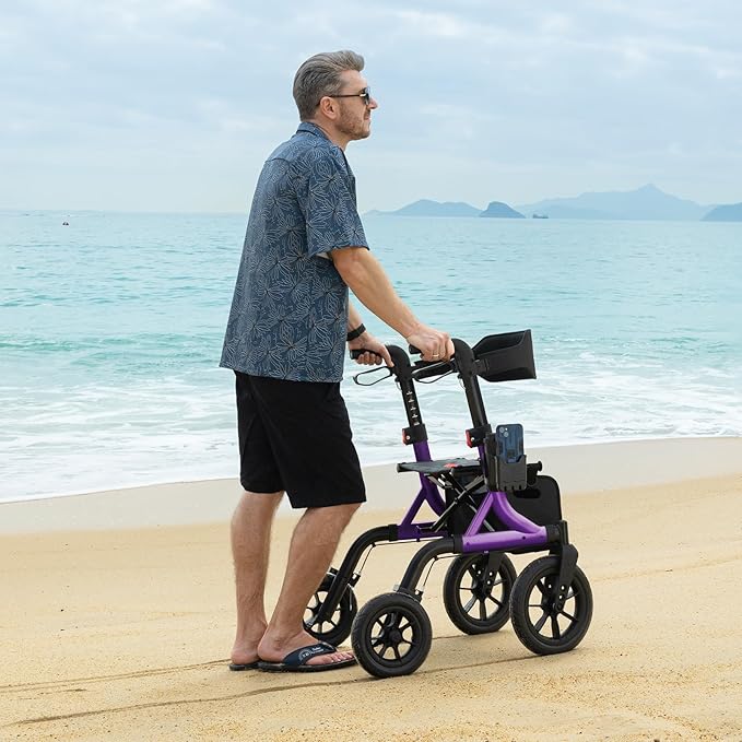 Walkers for Seniors, Rollator Walker with Seat, 12" Big Rubber Wheels All Terrain Rollator Walker with Backrest, Built-in Cable, Cup Holder, Foldable and Height Adjustment for Seniors, Purple
