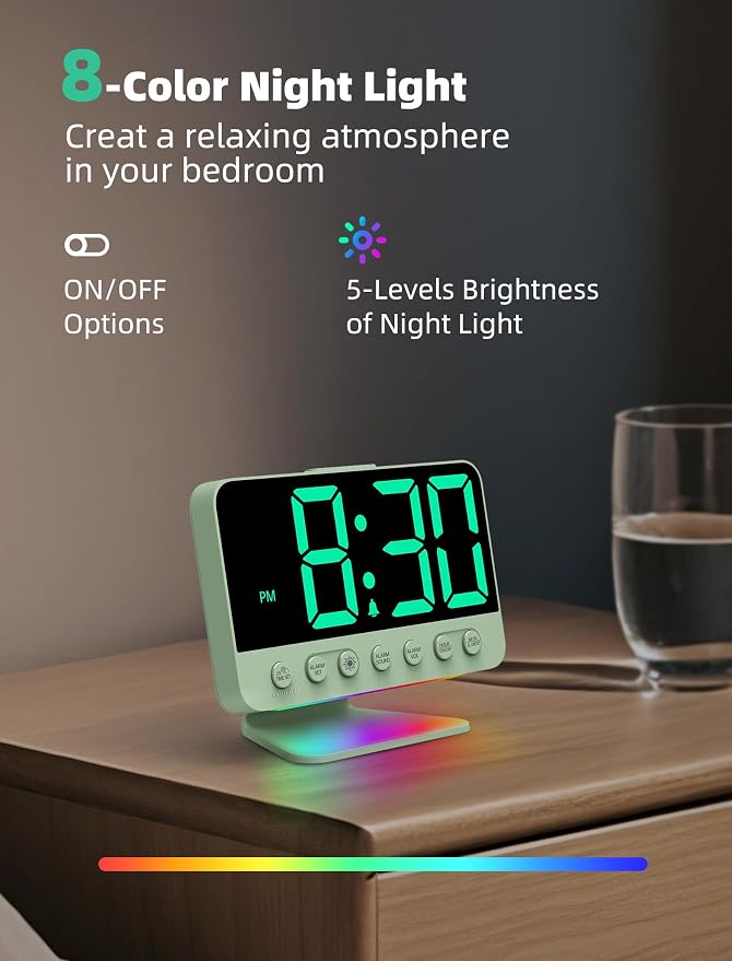 Odokee Digital Alarm Clocks for Bedrooms: Large Bold Number 5 Brightness Dimmer - Easy to Read Across The Room - 5 Alarm Sound 8 Night Light - Sage Green