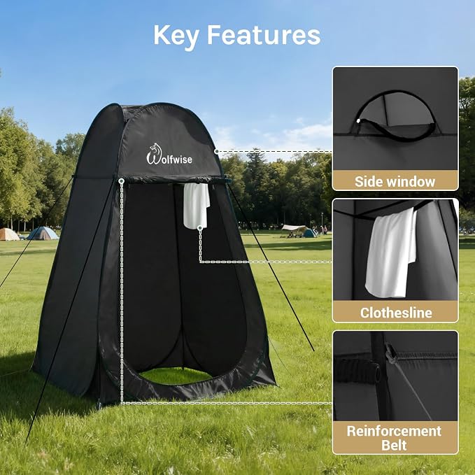 WolfWise Pop Up Shower Tent for Camping Essentials, Compact & Lightweight | Portable Instant Changing Tent with Window & Carry Bag, Privacy Dressing Room Bathroom for Outdoor, 6'3"/6'11" H
