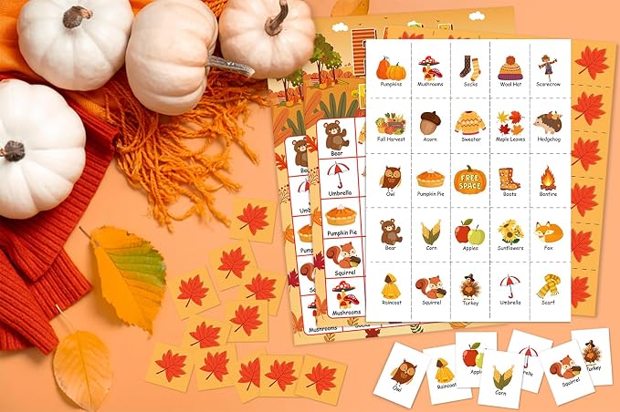 24 Players Fall Bingo Card Autumn Bingo Games for Kids Autumn Harvest Card Game Fall Crafts for Family Fall Craft Supplies Thanksgiving Bingo Cards for Classroom Activities Party Favors