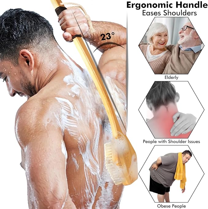 NORTHSONG Body Brush+Face Brush,Deep Cleaning Exfoliating Set,Gift Ready | Body brush,Large Head Bath Brush,17.72"Extra-Long,Curved Bamboo Handle,100% Boar Bristles,ideal for Elderly,Shoulder Pain