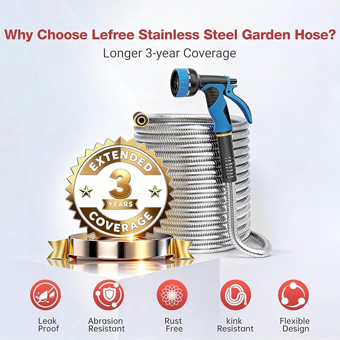 Lefree 75ft Metal Garden Hose - Heavy Duty 304 Stainless Steel Flexible Water Hose, No Kinks & Leak-Proof with Upgraded Handle, 10-Function Spray Nozzle for Yard, Garden, Pet Bath, Outdoor Cleaning | Flexible Heavy Duty No Kink Leak Proof with Upgraded...