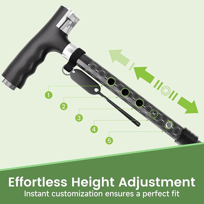 Aluminum Alloy Walking Cane, with LED Light, Height Adjustment and Foldable, Ergonomic Contoured Grip, All-Terrain Walking Stick for Men/Women(PP802-5-Y,)