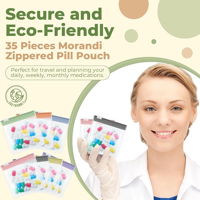 Sherr 35 Pcs Pill Pouch Bags with Zipper Pill Pouch Set Travel Reusable Translucent Medicine Organizer Self Sealing Plastic Bag with Slide Lock for Storage(Stylish Morandi,3 x 3 Inch,Blank Style)