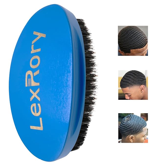 Wave Brush 360 Degree Curved for Men - Medium Hard Hair Brushes | Natural Palm Brush Boar Bristles with Firm Nylon for Wavy Hair Routine Brushing (Blue)