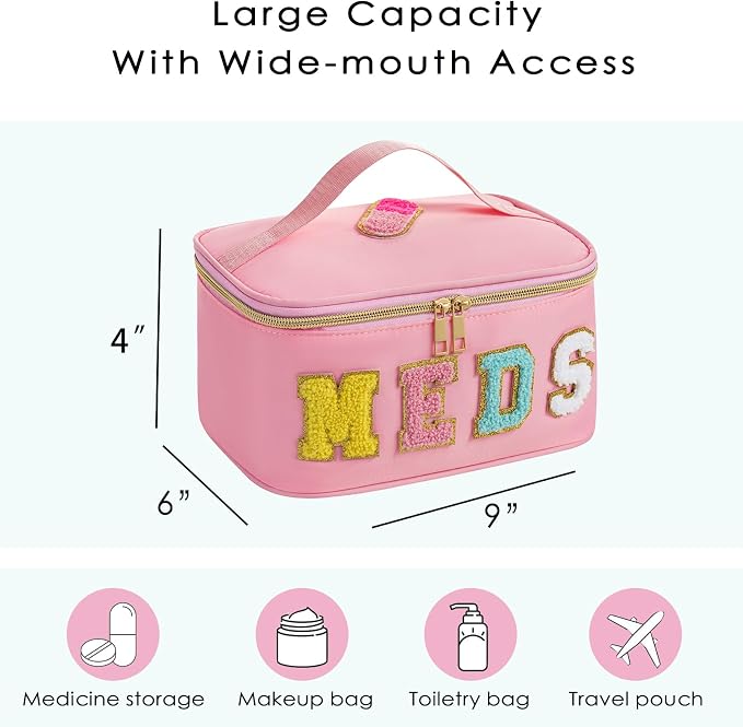 uekeboag Personalized Chenille Letter MEDS Makeup Bag, Portable Nylon Cosmetic Toiletry Storage bag with Top Handle, Transparent Meds Travel Organizer Cosmetic Bag(14Pink)