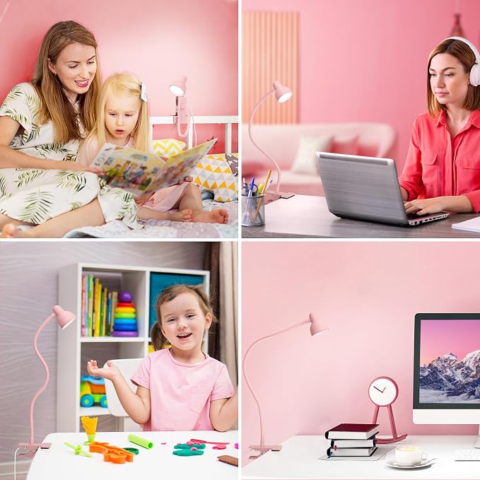 LiFMIRA Pink Small Desk Lamp Clip on LED Reading Light for Bed | 3 Color Modes 10 Dimmable Brightness, Book in Bed Headboard, Flexible Reading Lamp with Clamp BL08