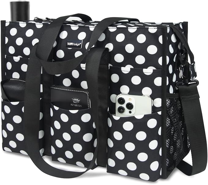 TOPDesign Utility Water Resistant Tote Bag with 22 Pockets, Top Zipper Closure & Thick Bottom Support, for Working Women