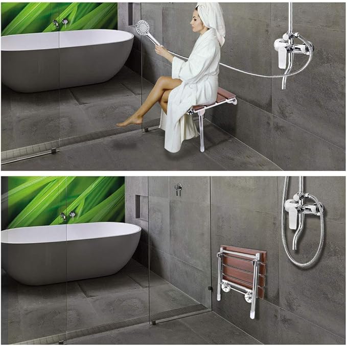 Folding Shower Seat Wall Mounted Bathroom Bathtub Safety Stool Chair, Solid Wood, with Support Legs, Load of 350 lbs, 14.88"(L)*12"(W)*17.12"(H) (Wood)