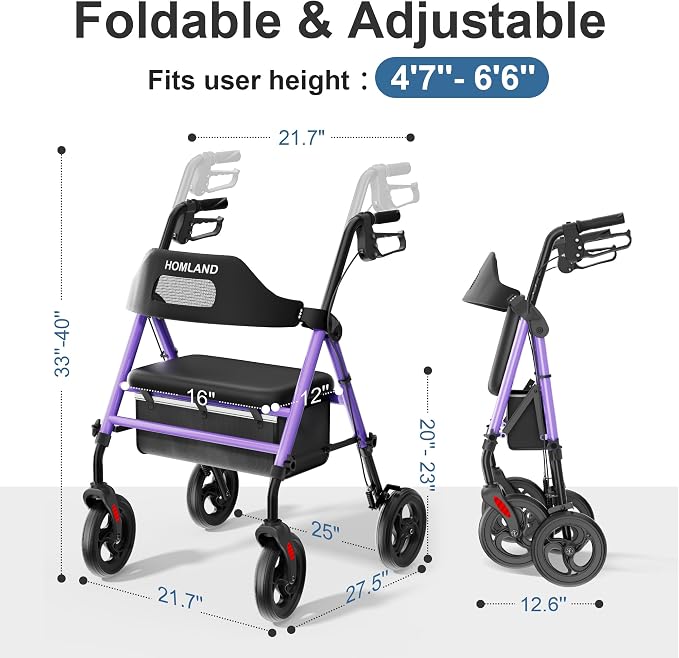 HOMLAND Foldable Rollator Walker with Seat for Seniors, 16" Enlarged Seat | 8" Big Wheels, 16"×12"x1.9" Thick Padded Seat, Adjustable Seat & Handle Height, Tool-Free Assembly, All Terrain Mobility Aid