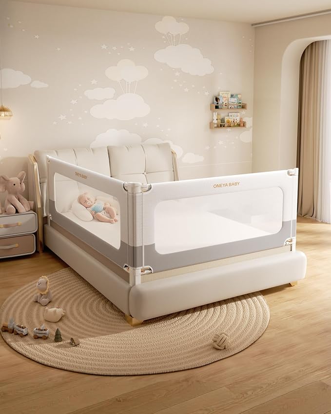 2 Piece Full Size Bed Rails for Toddlers, No-Drill Bed Rail Guard 54”x74.8” | Thickened & Reinforced Child Safety Guards/Bedrail for Kids,24-level Height Adjustable, Dual Childproof Locks, White/Grey