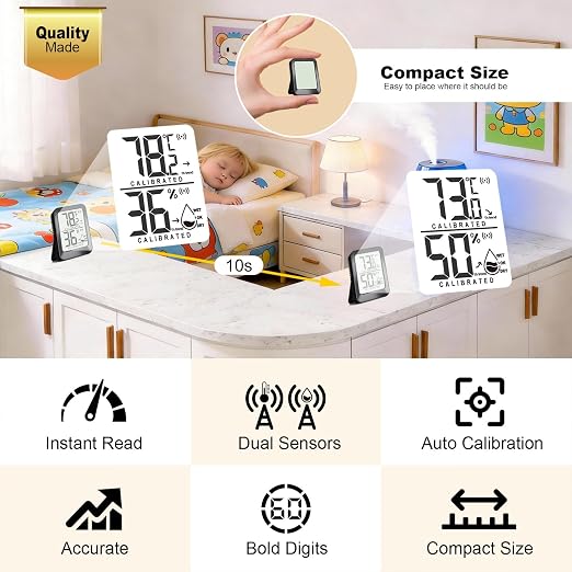 AyayaBoss 3 Pack Room Thermometer Indoor Hygrometer | Mini Size, Monitor Temperature & Humidity, Accurate Fast Read, Easy To View, Kickstand/Hanging/Wall Adhesive, ℉/℃, w/ Battery