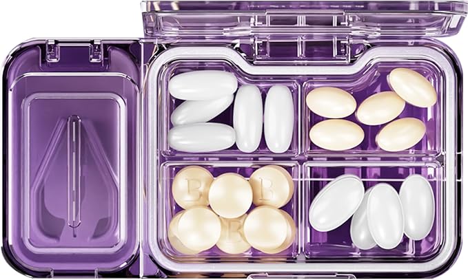 Pill Cutter Splitter for Small or Tiny Pills. 2-in-1 Travel Pill Box & Pill Splitter - Large Capacity 4 Compartments Pill Organizer - Detachable Nonslip V-Shaped Pad. Wrap-Around Blade Guard (Purple)