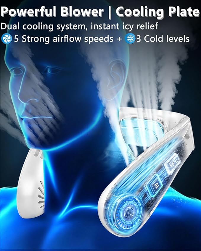 FWV Neck Fan with Cooling Plate, 5500mAh 3-24Hrs Battery, Ultra Quiet 5-Speed USB-C Necklace Cooler, LED Display for Battery&Speed,Hands-Free Bladless Mini Fans for Travel Office Indoor Outdoor White