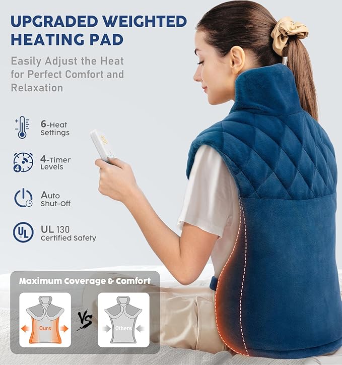 Weighted Electric Heating Pad for Neck Shoulders Back - Large Heat Pad with 6 Heat Settings & 4 Timers, Auto-Off, Machine Washable, UL Certified Pain Relief Pad - Christmas Gifts for Women Men Mom Dad