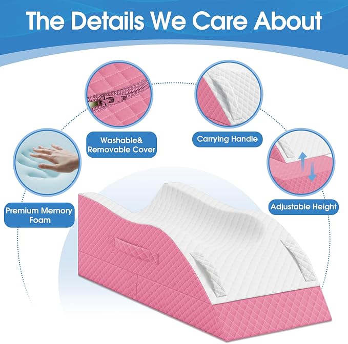 TranquilRelax Elevation Pillows for Leg After Surgery, Memory Foam Adjustable Wedge Pillow for Injury or Rest, Ankle Pillow for Sleeping Blood Circulation, Pink/Single Leg