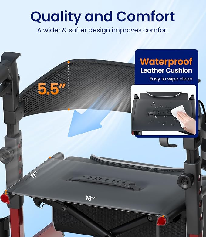 VOCIC Walker with Seat for Seniors, Z57 Outdoor Rollator Walker with 12" All Terrain Big Wheels, 7-Level Adjustable Height Rolling Walker with Safety Brakes, Storage Bag, Cup Holder