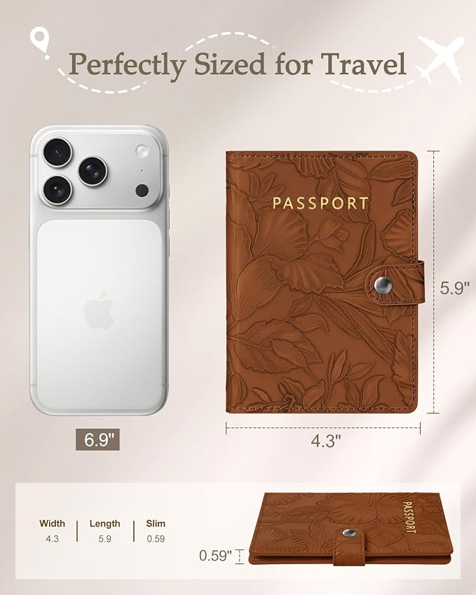 Slohif Elegant RFID Passport Holder for Travel with AirTag Rust Brown | Floral Embossed Passport Wallet for Women, Slim Vegan Leather Travel Organizer with Money Pocket and Card Slots
