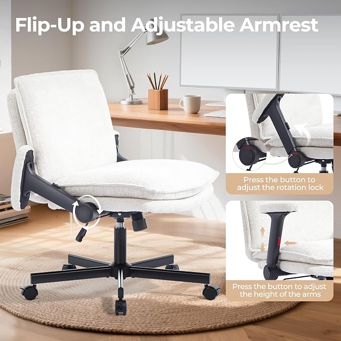 Criss Cross Chair with Flip-Up Arms and Lockable Wheels, Plush Fabric Cross Legged Office Desk Chair，Wider 125°Tilting Adjustable Swivel Chai r for Home, Apartment, Bedroom,Pearl White