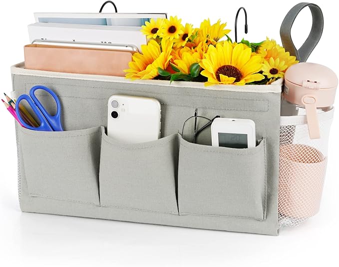 Bedside Caddy, Bedside Storage Bag Hanging Organizer for Bunk Dorm Bed Rail | Bed Caddy with Hooks, Top Bunks and Dorm Essentials for Water, Tissues, Tablets, Books, Phones, Remotes and Other Necessories