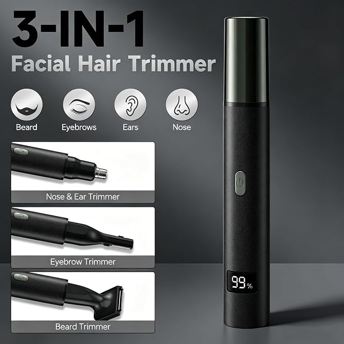 RUIM 3-in-1 Nose Hair Trimmer for Men, Electric Ear & Eyebrow Groomer with LED Display, USB-C Rechargeable, Waterproof Dual-Blade Facial Hair Trimmer, Precision Grooming Kit