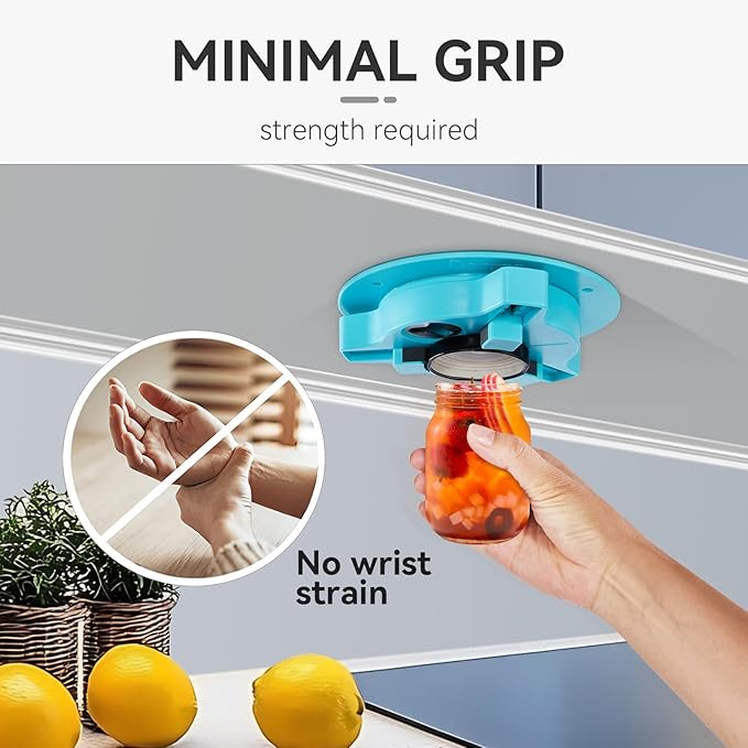 Jar Opener Bottle Opener for Seniors with Arthritis - Under Cabinet Jar Opener for Weak Hands, Rotary Lid Opener, Easy Twist-Off Lids for Jars & Bottles, Original Kitchen Gadgets (Cyan)