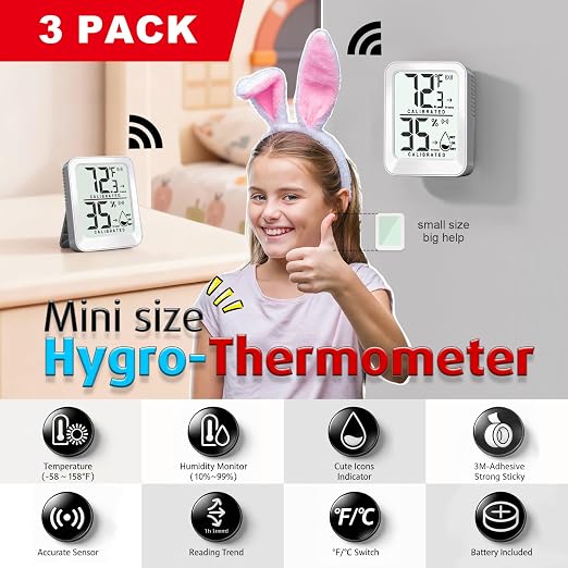 AyayaBoss 3 Pack Room Thermometer Indoor Hygrometer | Mini Size, Monitor Temperature & Humidity, Accurate Fast Read, Easy To View, Kickstand/Hanging/Wall Adhesive, ℉/℃, w/ Battery
