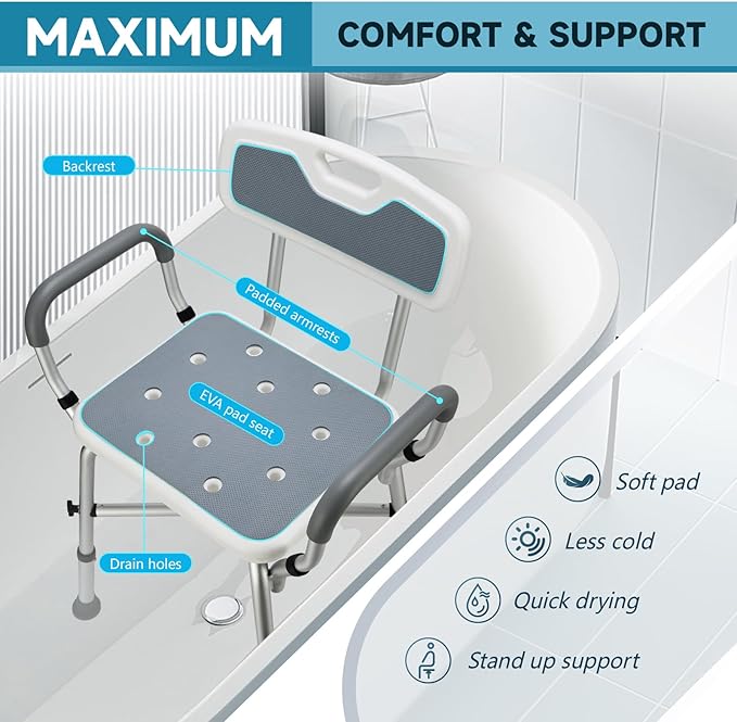 Shower Chair for Inside Shower, FSA/HSA Eligible 600 lbs Heavy Duty Shower Chair for Elderly and Disabled, Height Adjustable Shower Chair with Arms and Back, Bath Chairs for Seniors, Adults, Handicap