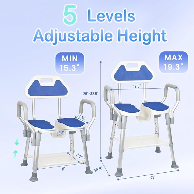 Shower Chair for Inside Shower, U-Shaped Heavy Duty Shower Chair for Elderly and Disabled, Bottom Storage Tray, 350Lbs Shower Stool with Arms and Back, Height Adjustable Seat for Bathtub