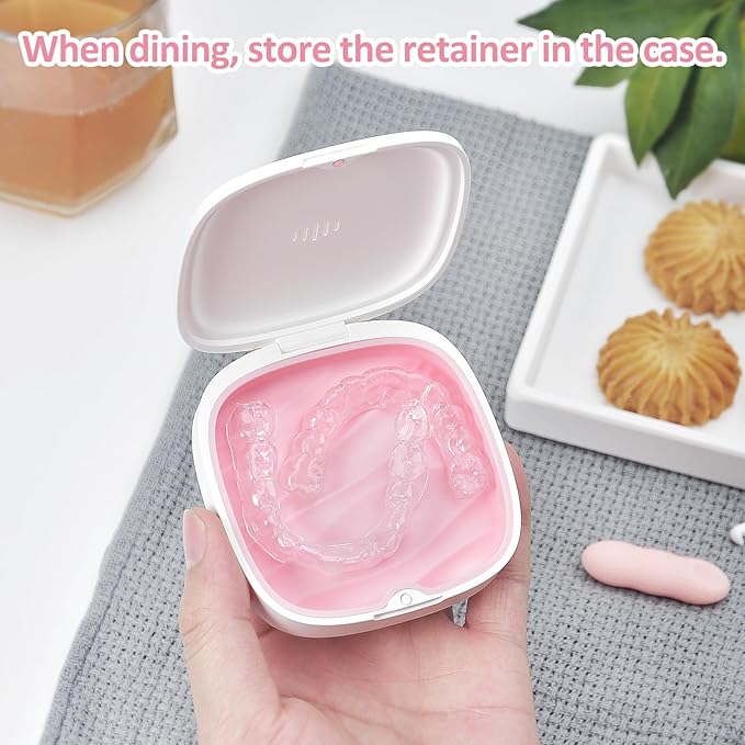 Retainer Case Slim Aligner Case with Vent Holes Removable Inner Tray Silicone for Easy Cleaning (1Pack White Pink)