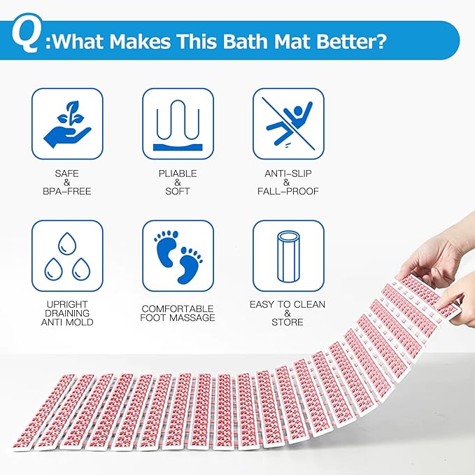 Non Slip Rubber Bathtub & Shower Mat - Fast Drain & Upright Drying Design, Strong Suction Cups, Structured Textured Surface, Low-Maintenance Bathroom Safety Mat, 27 x 16 Inch, Pink, Matace