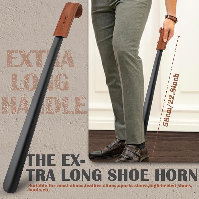 ZOMAKE Long Shoe Horn for Seniors Men,Metal Shoehorn Long handle for Boots, 22.8'' Shoe Spoon Helper