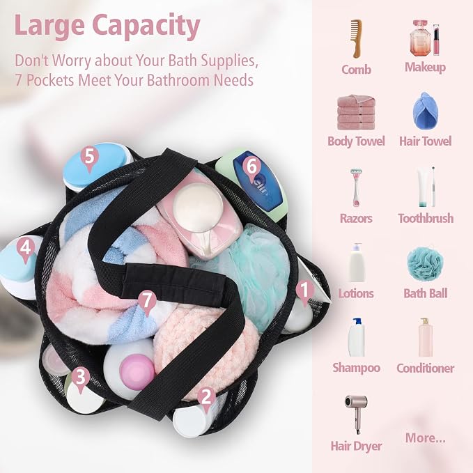 Mesh Shower Caddy Portable - 2 Packs, Large Shower Bag for Dorm, Camping | 2 Pack, S-Hook, Quick-Dry, Hanging Toiletry Organizer, College Dorm Room Essentials for Girls, Gym, Travel & Bathroom, Black