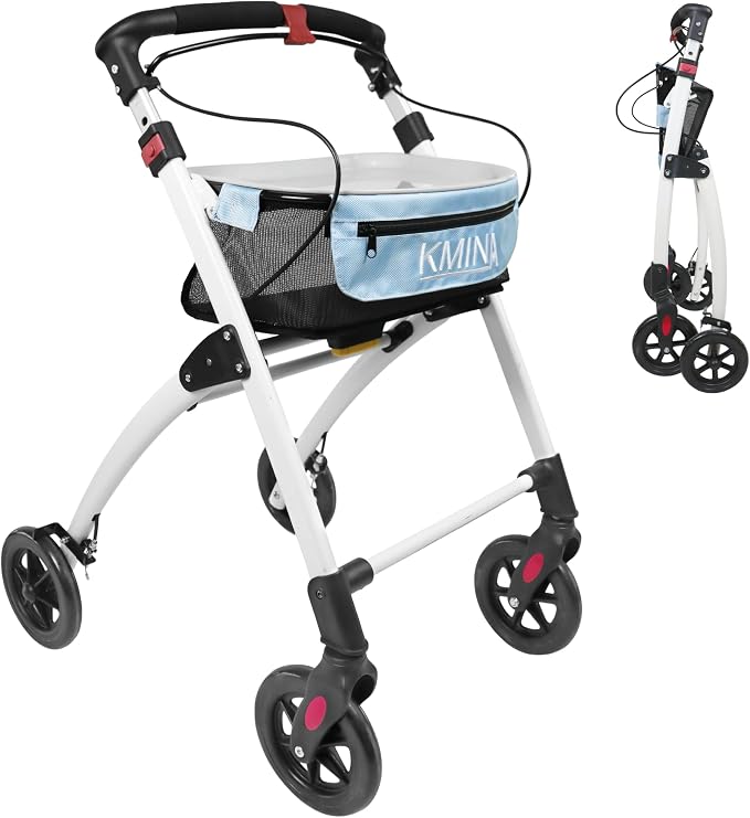 KMINA Narrow Walker for Small Spaces (22" Wide), Foldable Walker | Tray and Basket, 4 Wheels and Brakes, Lightweight Indoor Rollator for Seniors, Black