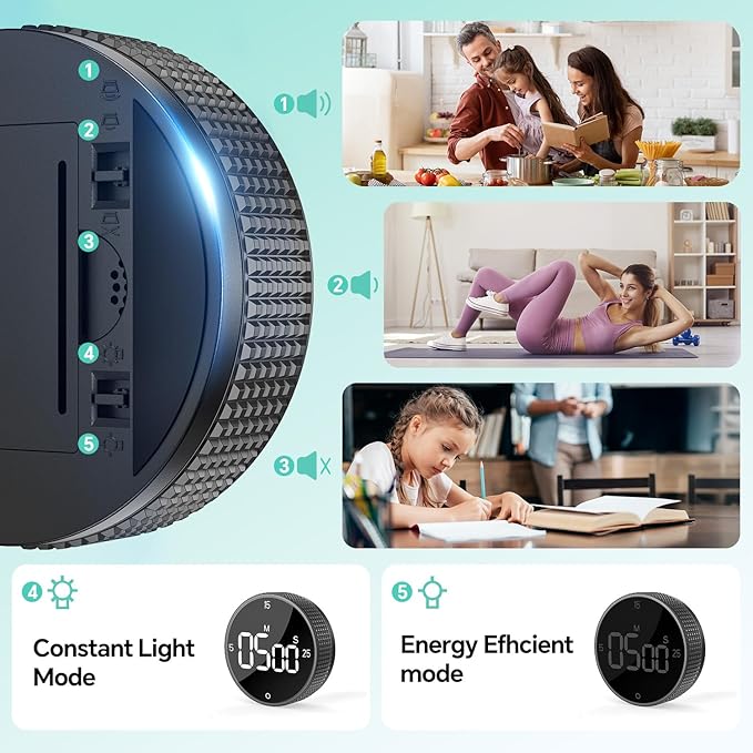 Digital Kitchen Timer, Large Display Magnetic Countdown Countup Timer, 3 Preset Times (5, 15, 25),Volume & Brightness Adjustable for Cooking Classroom Studying, Easy for Kids (Black,2Pcs)