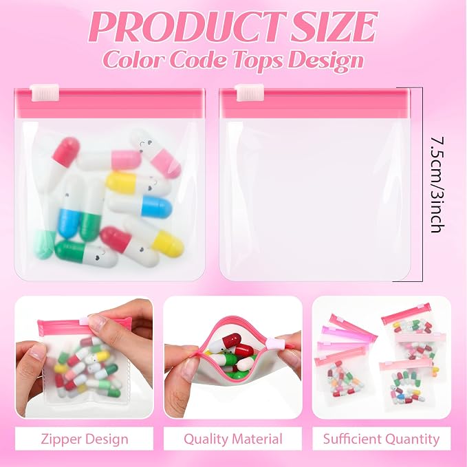 Sherr 35 Pcs Pill Pouch Bags with Zipper Pill Pouch Set Travel Reusable Translucent Medicine Organizer Self Sealing Plastic Bag with Slide Lock for Storage(Gradient Pink,3 x 3 Inch,Blank Style)